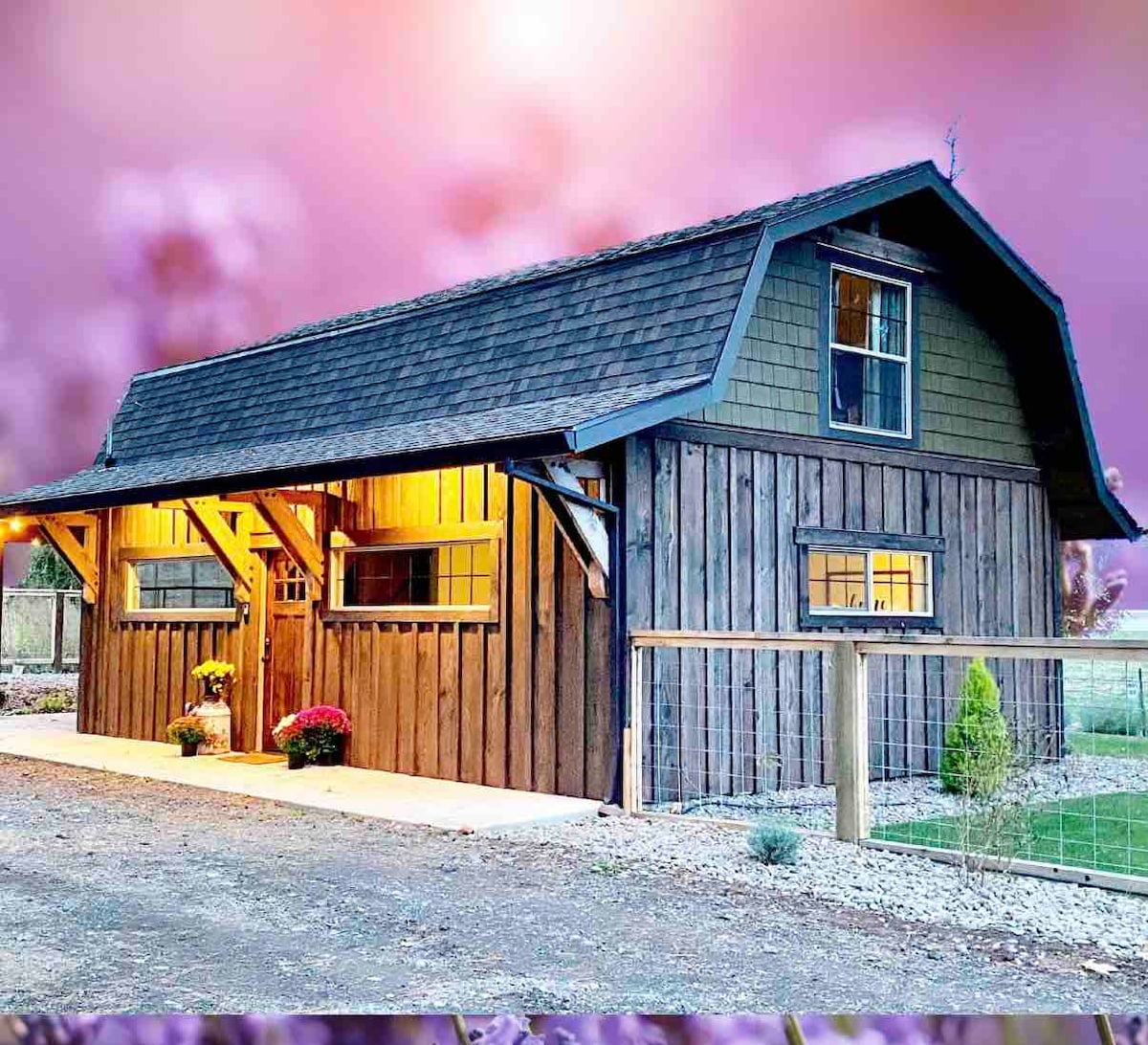 The exterior of a remodeled country cottage is showcased, featuring dark wooden siding and a pitched roof. Warm light spills from the entrance, highlighting two small flower pots on either side. Gravel leads up to the front door, enhancing the rustic charm.