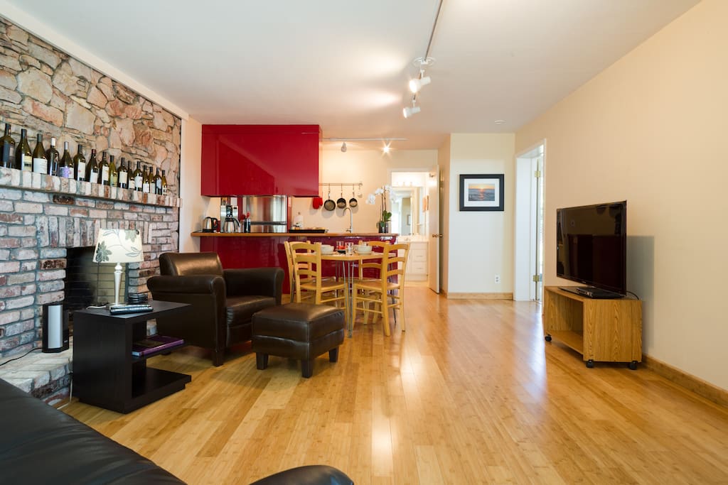 Living room with Euro Lounger that folds out to full-size bed and 42" Samsung Smart HD TV.