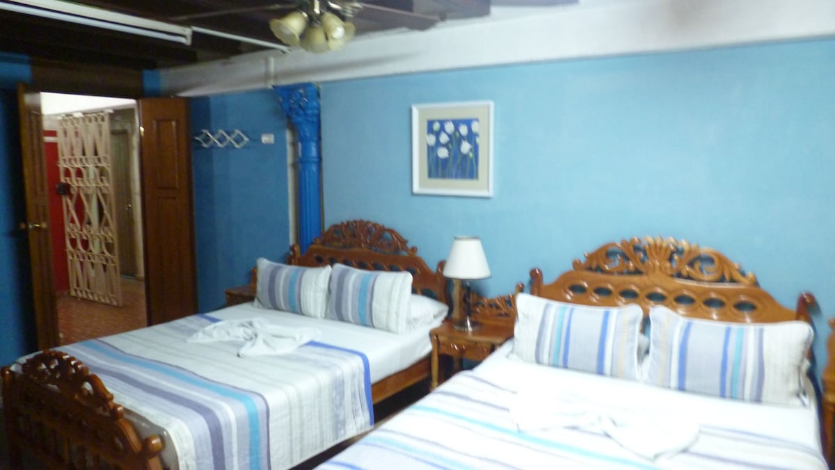 A bright room is designed with two wooden beds featuring intricate headboards. Soft linens with blue and white stripes cover the beds, and a small lamp is positioned on a wooden nightstand between them. The walls are painted in a calming blue hue, accented by framed artwork.
