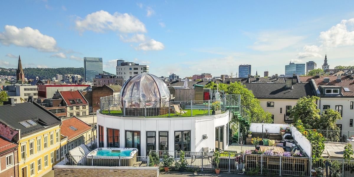 A panoramic view of the penthouse's upper deck showcases a heated jacuzzi and a transparent heated dome. Lush greenery is visible alongside outdoor seating. The surrounding rooftops of Oslo and a blue sky with scattered clouds create a vibrant urban landscape.