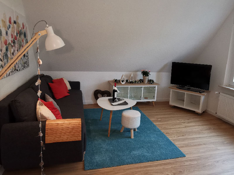 A cozy living area features a dark sofa adorned with cushions, a round coffee table on a blue rug, and a small stool. A television is positioned on a low, white stand, with decorative elements arranged nearby. Natural light filters in through a window.