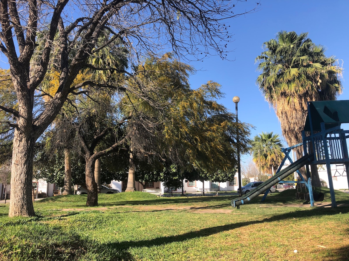 A green park area is depicted, featuring several tall trees and palm trees. A playground is visible, including a slide. The sunlight illuminates the space, creating a bright and open atmosphere, with residential buildings partially seen in the background.