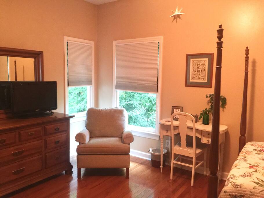 TV, club chair and desk work station