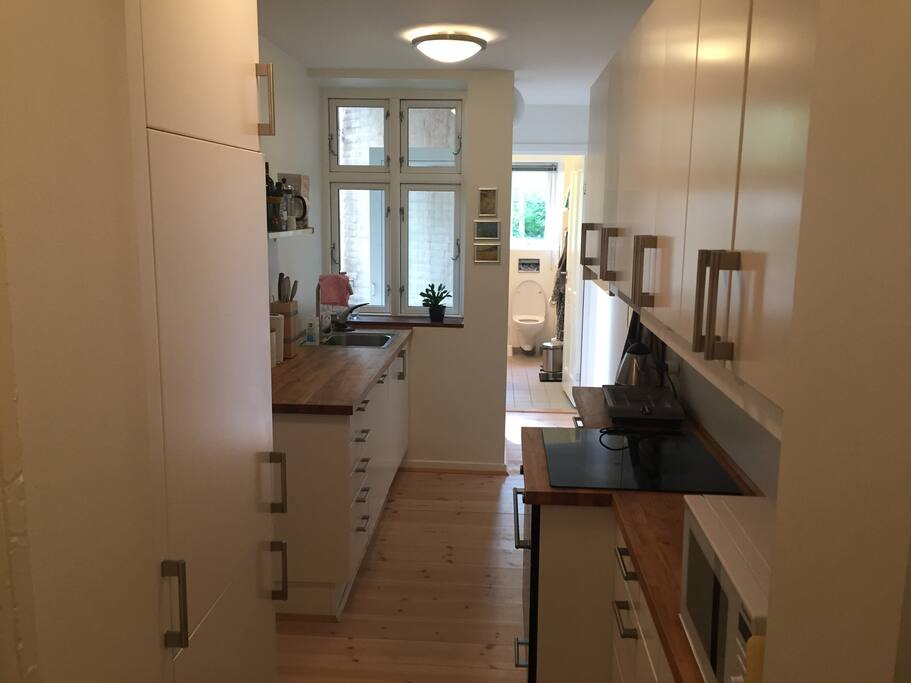 Fridge and freezer in cupboard to the left