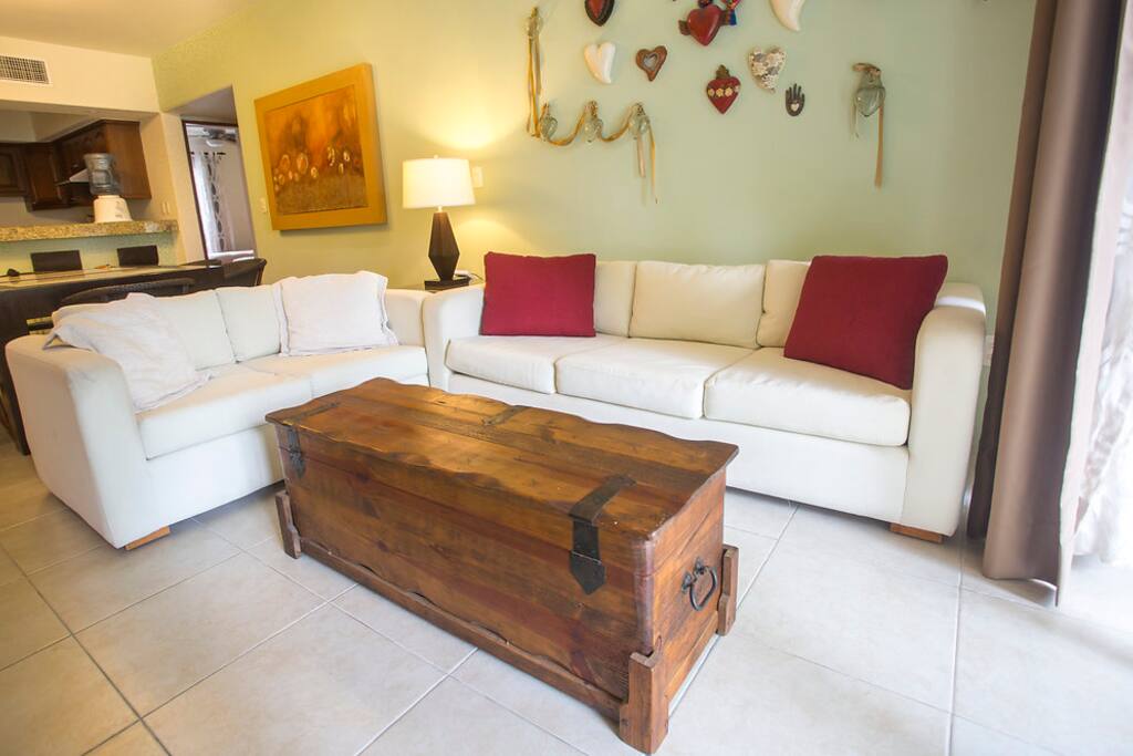 The living room is comfortable with lots of space.