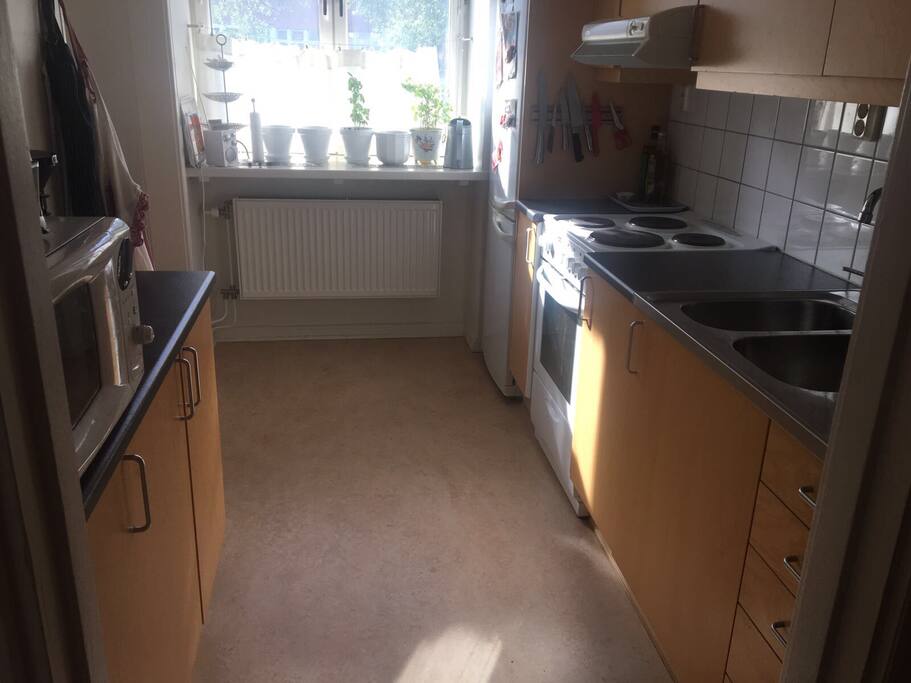 Kök med spis och ugn. Tillgång till microvågsugn och kafekokare. Kyl och frys finns