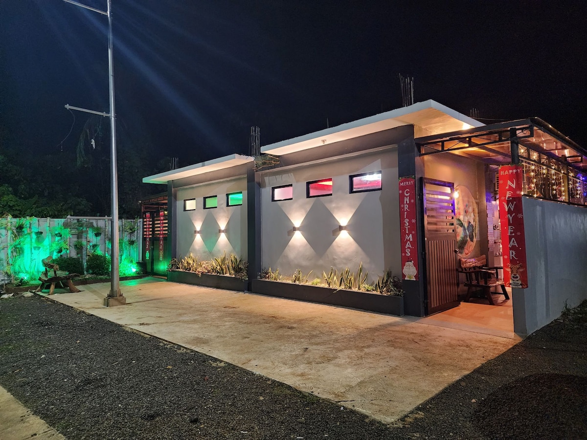 The exterior of the villa is depicted at night, showcasing unique architectural elements and colorful lights. Decorative elements are visible on walls, and the landscaping features low greenery. The entrance is marked by welcoming signs suggesting festive occasions.