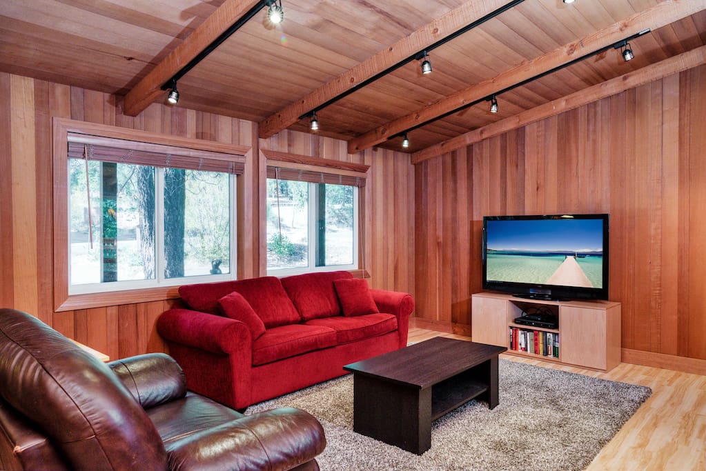 The living area provides a plush sofa (which folds out into a queen-sized bed), a leather armchair, and a 55" TV.