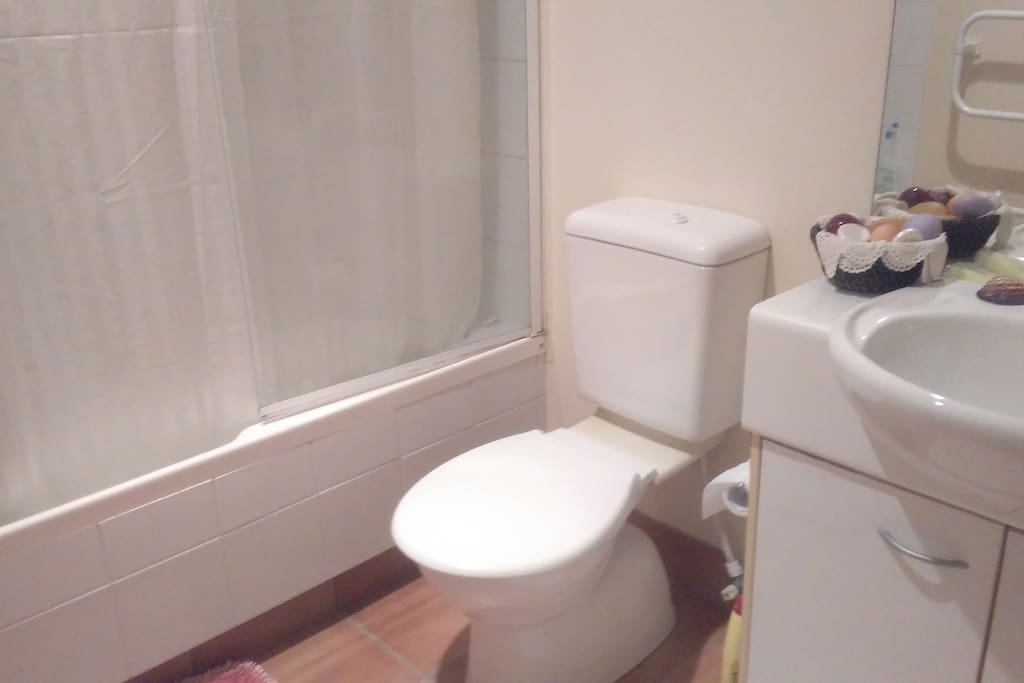 Bathroom showing toilet,sink and shower curtain around bath.