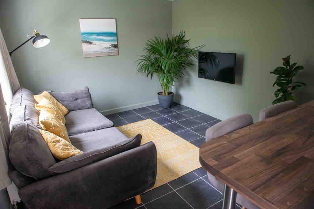 A cozy lounge area is presented with a comfortable gray sofa adorned with yellow cushions. A potted plant adds a touch of greenery beside the smart TV, which is mounted on the wall. A yellow area rug features geometric patterns on the slate tiled floor.