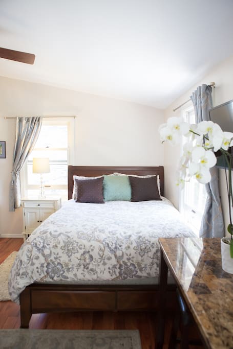 Sleep like a baby with the down mattress pad and down comforter while you listen to the water fountain outside your window.