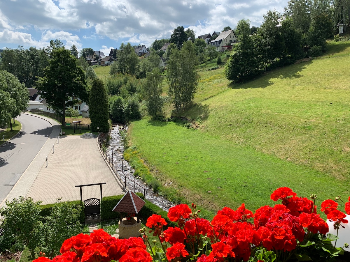 A vibrant display of red flowers is visible in the foreground. Beyond, a lush green hillside slopes gently, leading to a meandering stream. The scene is framed by trees and homes dotting the landscape, while a quiet road runs alongside the property.