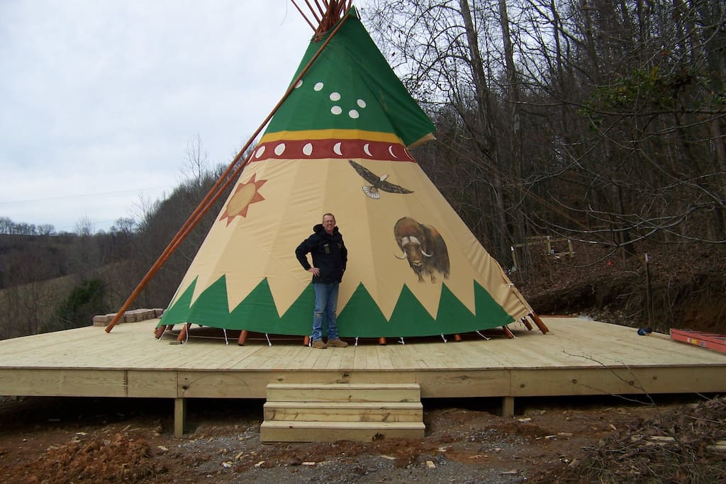 Just me outside of the tipi. Everything on the tipi tells a story and you will learn the story of all of the paintings when you arrive.