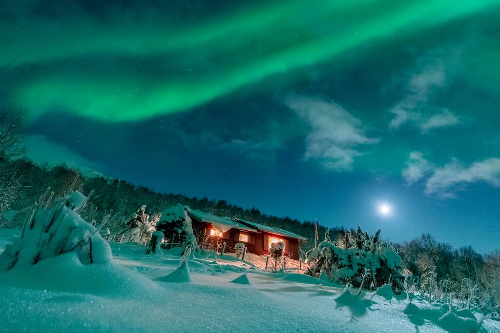 Wide angle shot of the cabin from another angle