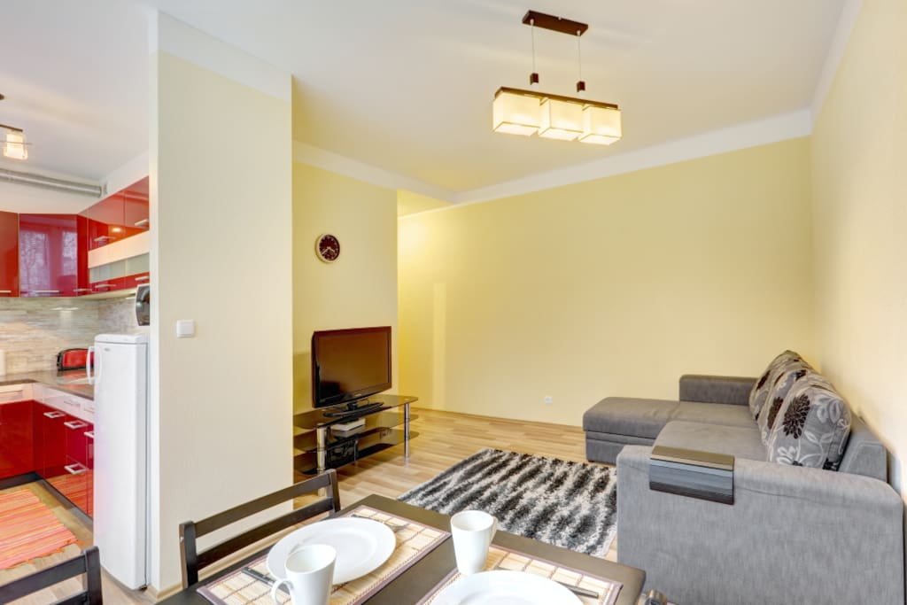 Livingroom with LCD TV and selection of international channels