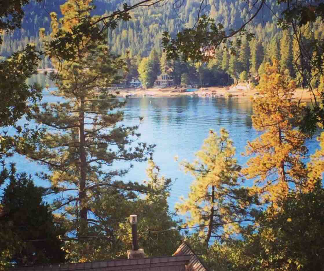 A serene view of the lake framed by towering trees, showcasing the clear blue water and the surrounding forest. The image captures a moment of tranquility with hints of vibrant autumn foliage, creating a natural landscape that invites relaxation.