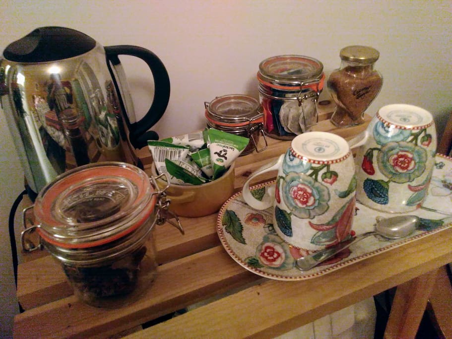 Hospitality tray with teas, coffee and homemade sweet wholefood treats.