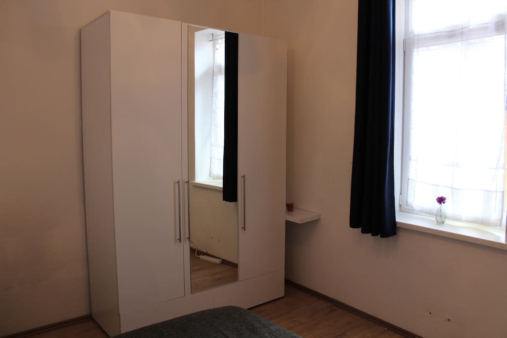 The window overlooks the patio