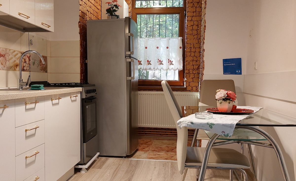 A kitchen area features modern appliances, including a stainless steel refrigerator and stove. A glass dining table is accompanied by two chairs, while a floral centerpiece adds a touch of detail. Natural light enters through a window covered with sheer curtains, enhancing the space's ambiance.