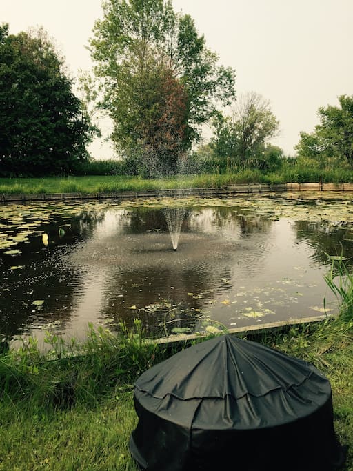 Private channel with fountain and fire pit.