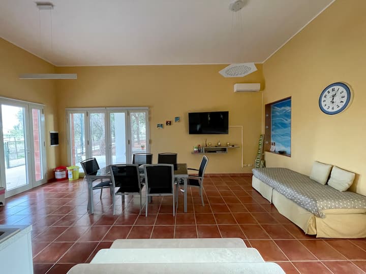 Obývací priestor s výhľadom na borovicový les + rozkladacia pohovka