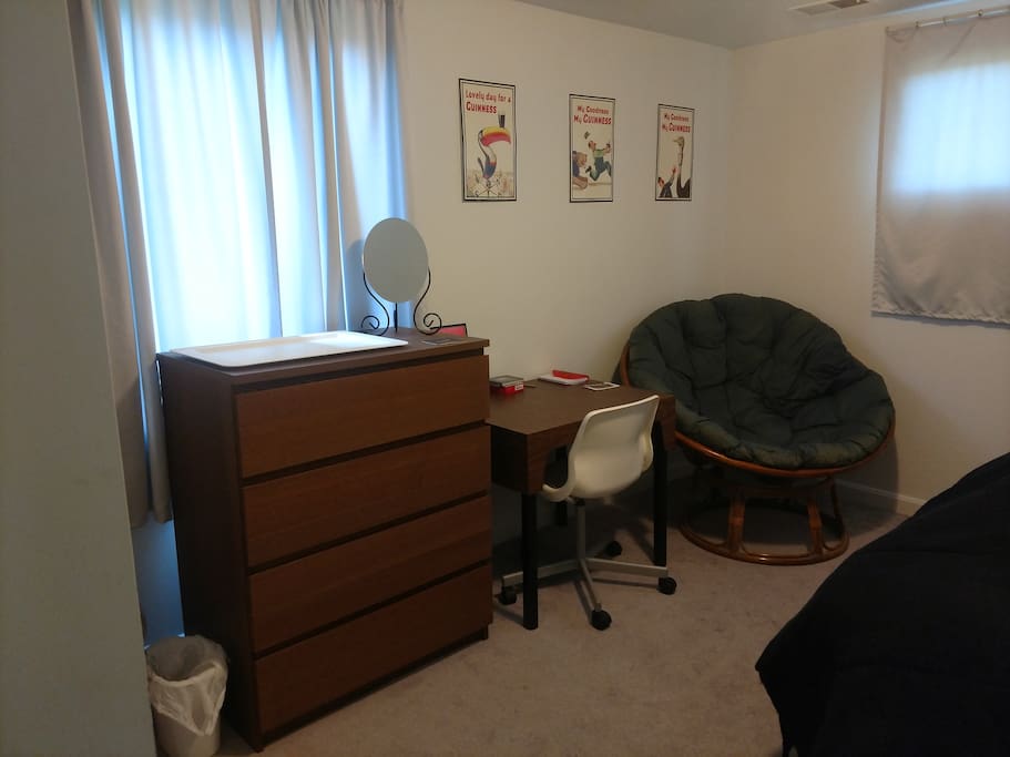 Dresser, desk, papasan chair, trash, recycling, and necessities. Nothing fancy but functional!