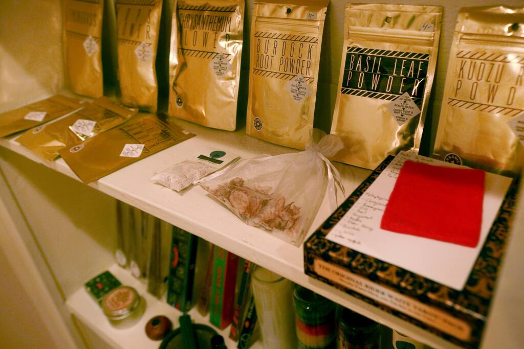 herbs, crystals, candles and incense.