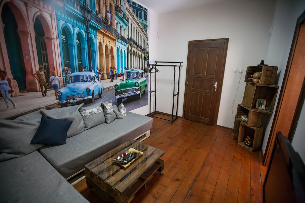 Artistic leaving room, Sofa turns into 2 single beds.