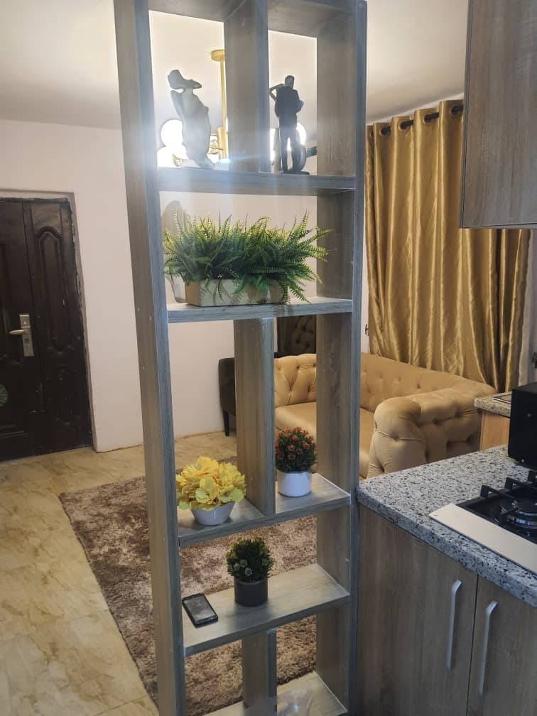 A tall wooden bookshelf is positioned between the kitchen and living area, showcasing decorative plants and floral arrangements in pots. A plush beige sofa is visible in the background, complemented by golden curtains and soft lighting from overhead fixtures.