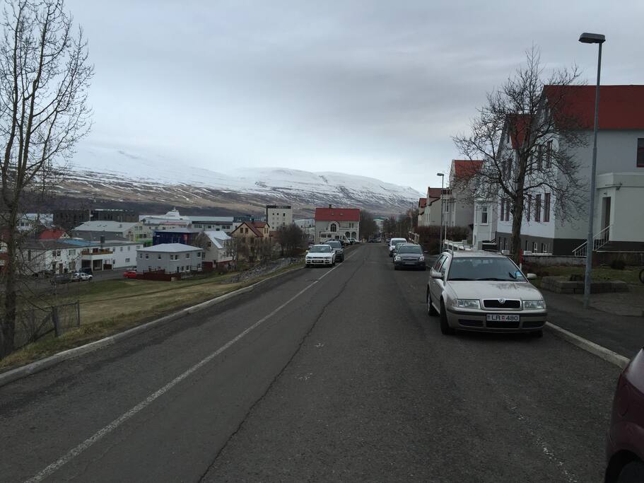 View down the street towards the center of town