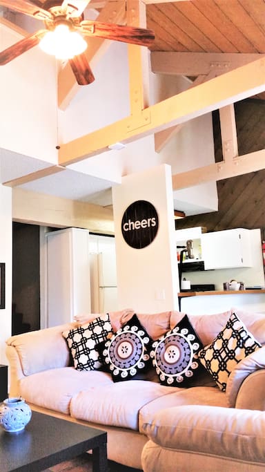 Vaulted ceilings create a big open space downstairs!