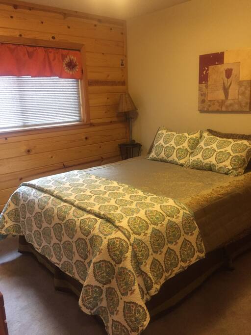 Lower Level Bedroom #2 Queen Size Bed -closet with towels & robes for the hot tub