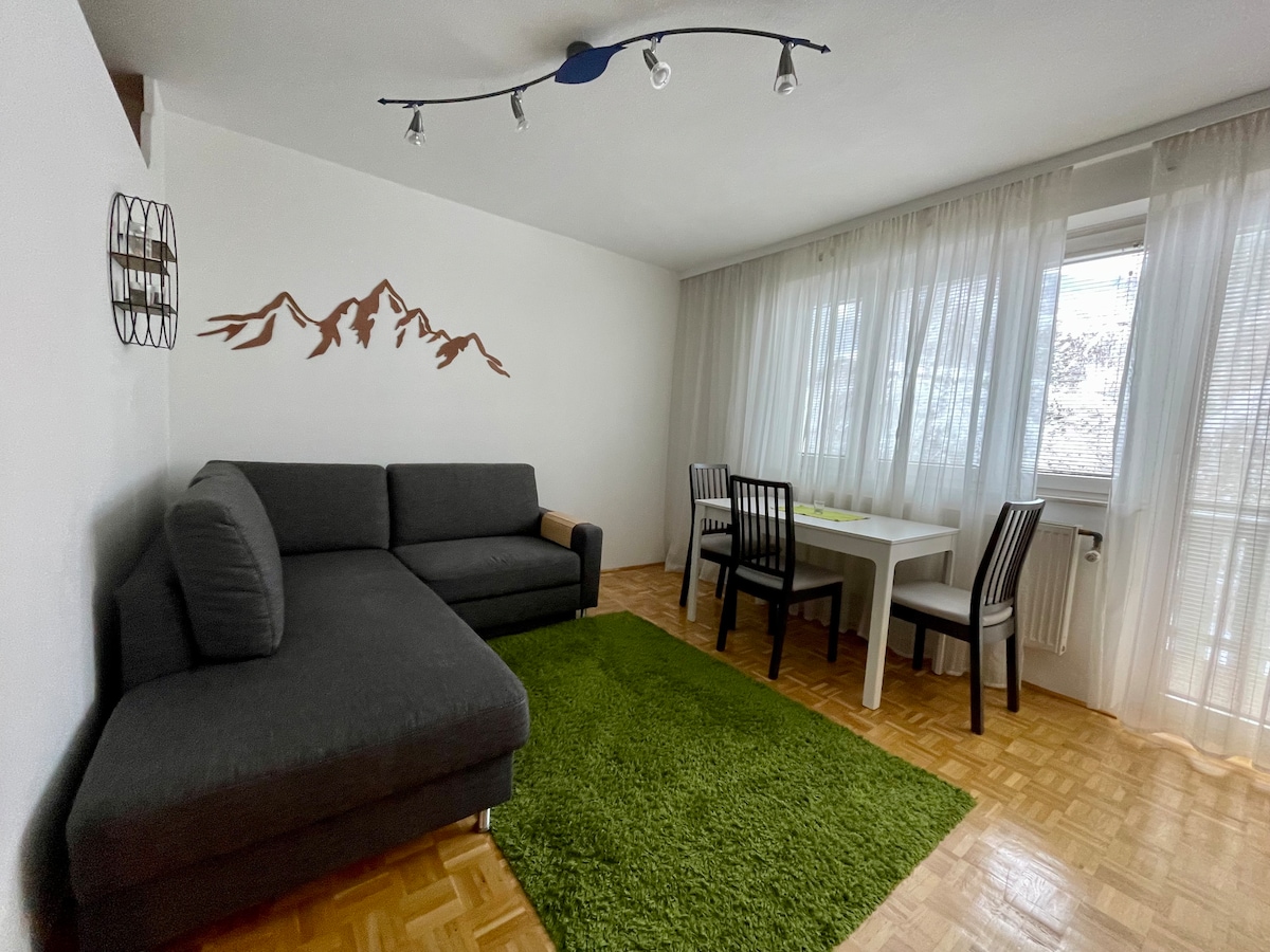 The living area features a gray sectional sofa facing a white table set with black chairs. A green rug enhances the space, complemented by light streaming through large windows, which are adorned with sheer white curtains. A mountain mural decorates the wall.