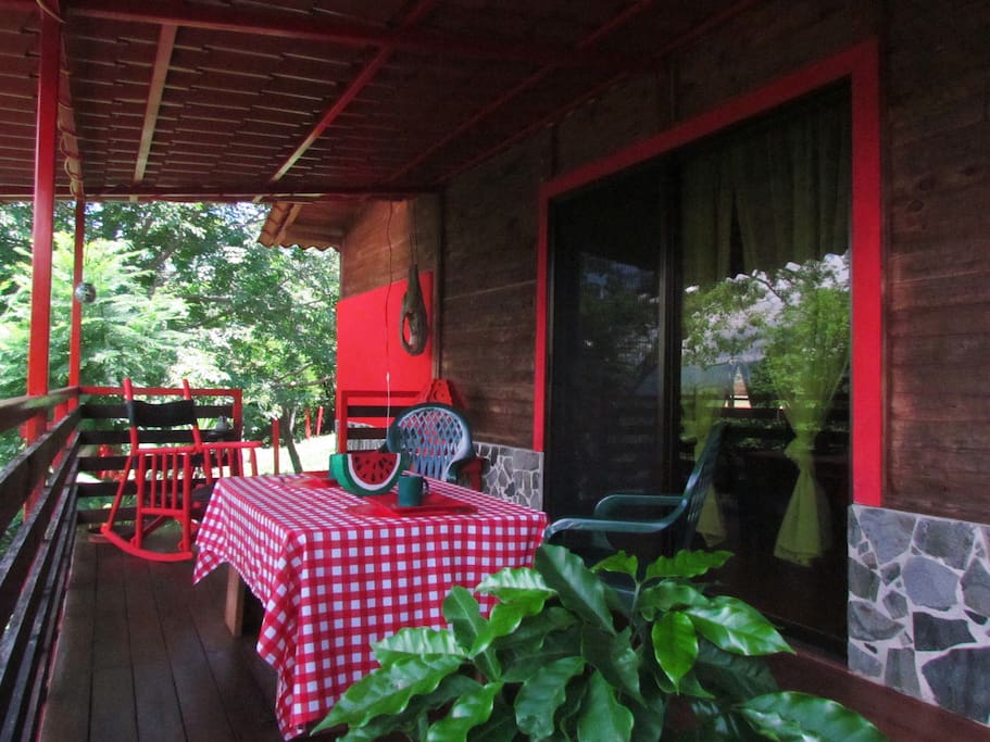 This is the front of the cabin, perfect place to read, drink something, write or just to sit there and watch the clouds moving.