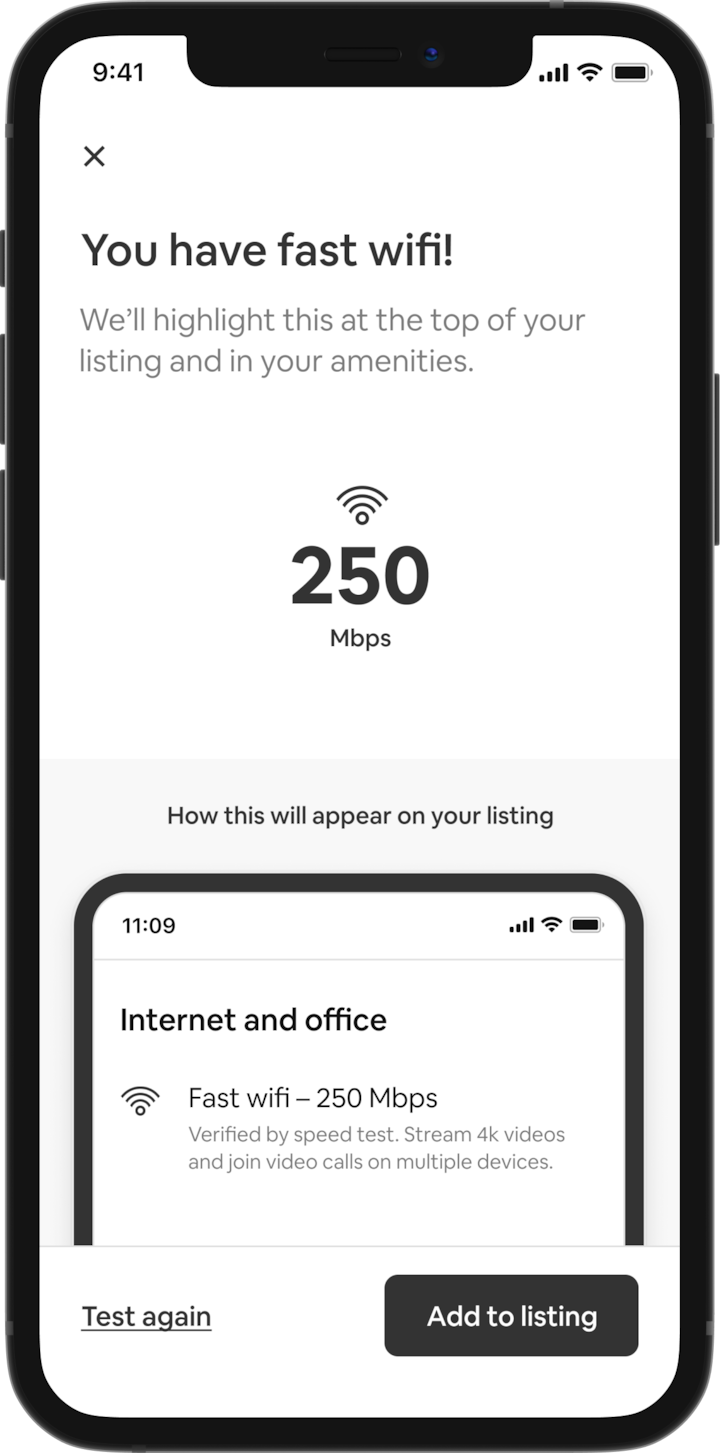 A mobile phone shows a list of amenities from an Airbnb listing. At the top of the list, we see the heading: 'Internet and office', accompanied by a line of text that reads: 'Fast Wi-Fi — 250 Mbps. Verified by speed test. You can stream in 4k and join video calls on multiple devices.'