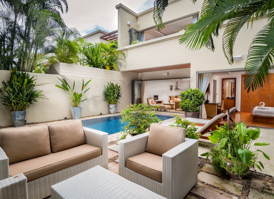 The high walled garden gives a very private feel, perfect for enjoying the pool, patio and terrace.