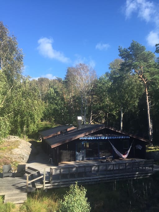 The house is surrounded by a large wooden deck and forest