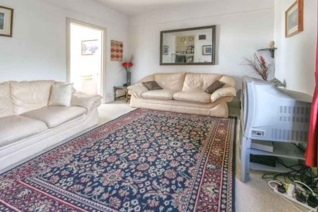 Confortable ounge with two large sofas, gas fire, and large TV with DVD