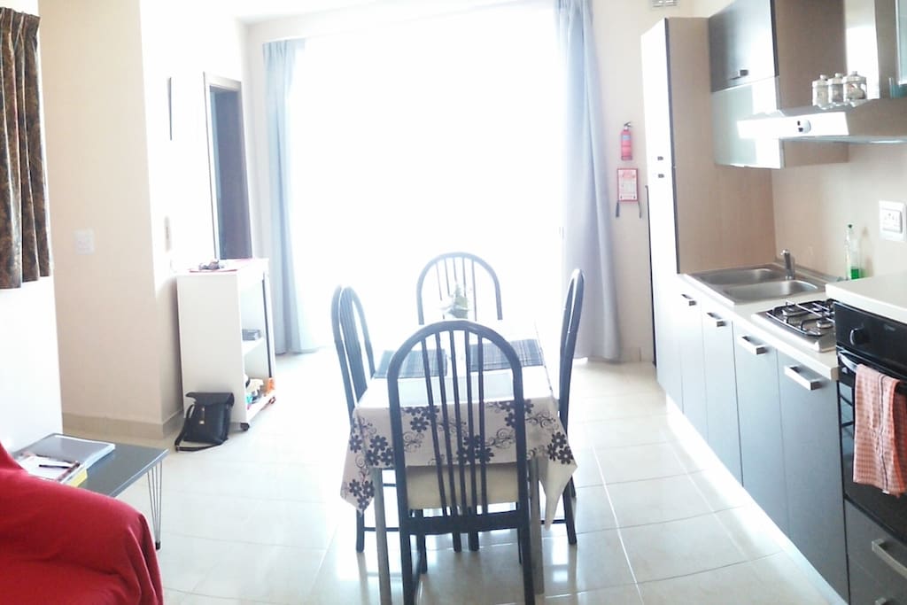 Kitchen, dining, living