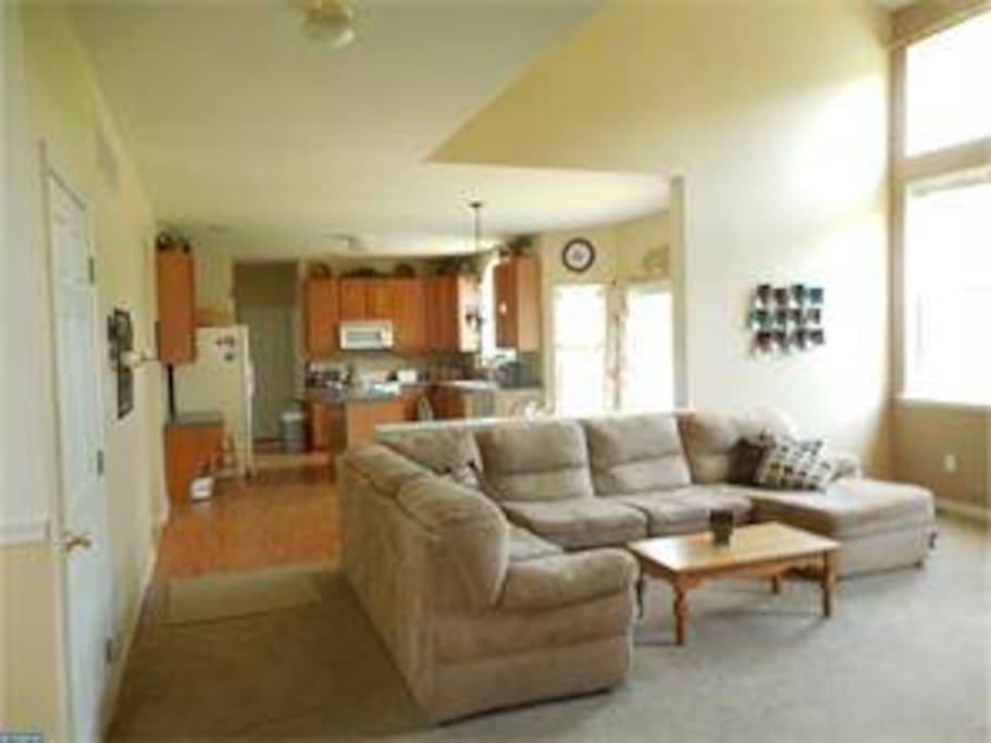 Family room that flows into the kitchen and back door to patio.