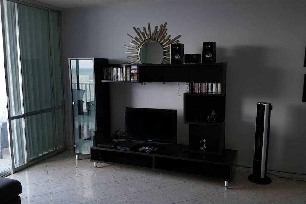 Entertainment Center equipped with: Flat TV, WIFI, cable, DVD and CD players with stereo. DVD movies and CD's with variety music.