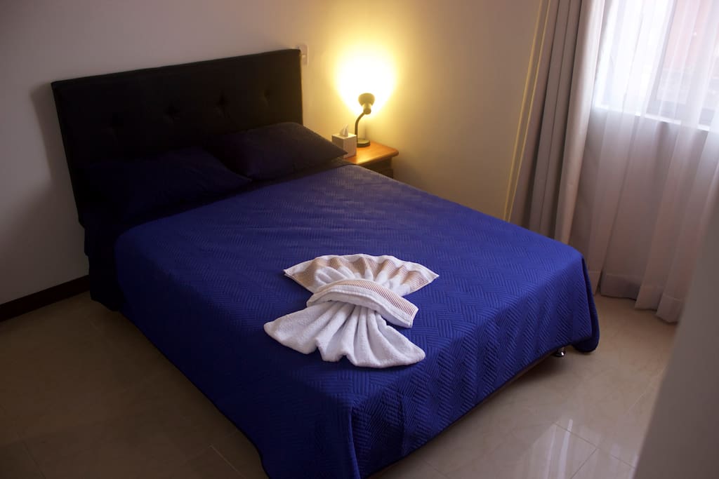 Double bed, orthopedic mattress, bedside table, reading lamp