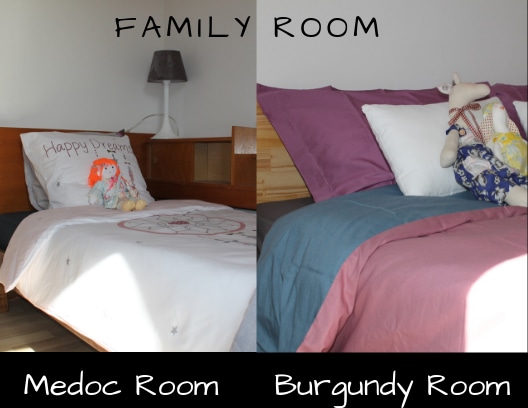 The image displays two connected bedrooms. The Medoc Room features a single bed adorned with a playful pillow and a lamp beside it, while the Burgundy Room has a king-size bed dressed in layered linens. A neutral color palette creates a calm ambiance.