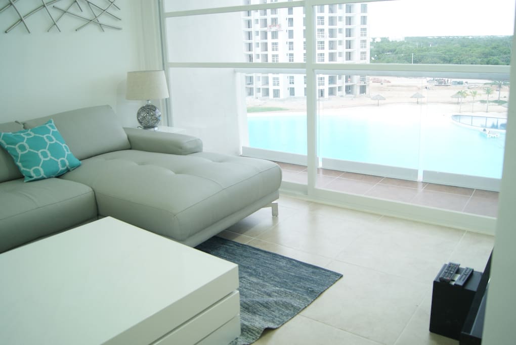 Living Room with a balcony and view