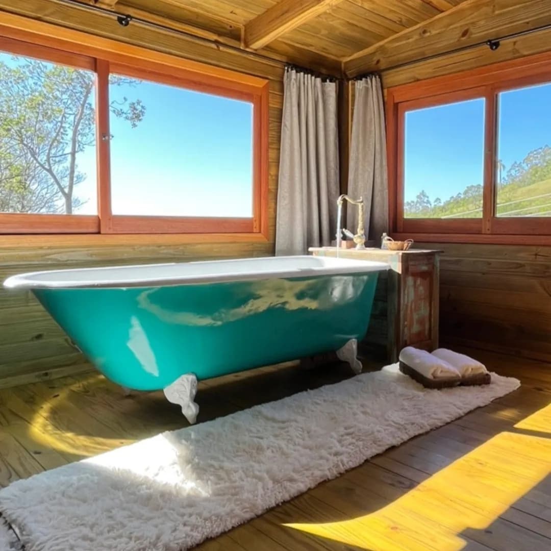 A bright bathroom features a vintage-style clawfoot bathtub in a vibrant turquoise color. Natural light filters through two large windows with wood frames, illuminating the space. A plush white rug is placed in front of the tub, with neatly arranged towels nearby.