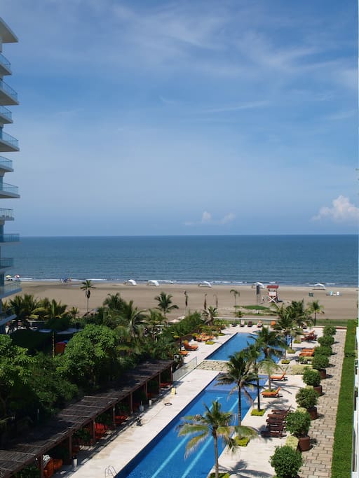 Balcony view, pool area with direct beach access