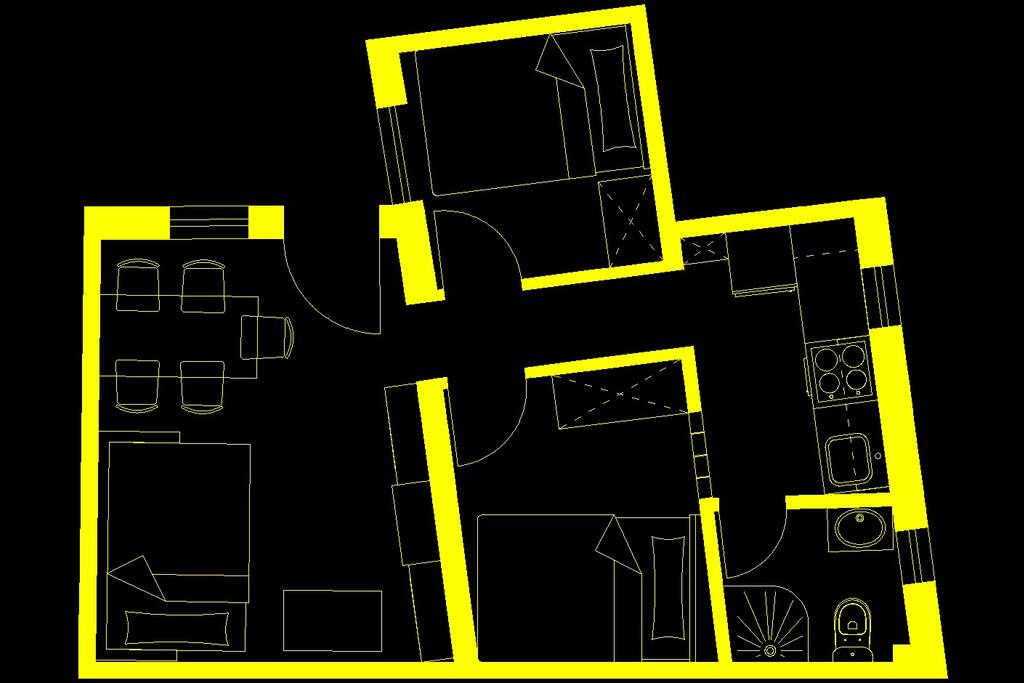 Plano de la vivienda. Sofá-cama de salón convertido en cama de matrimonio