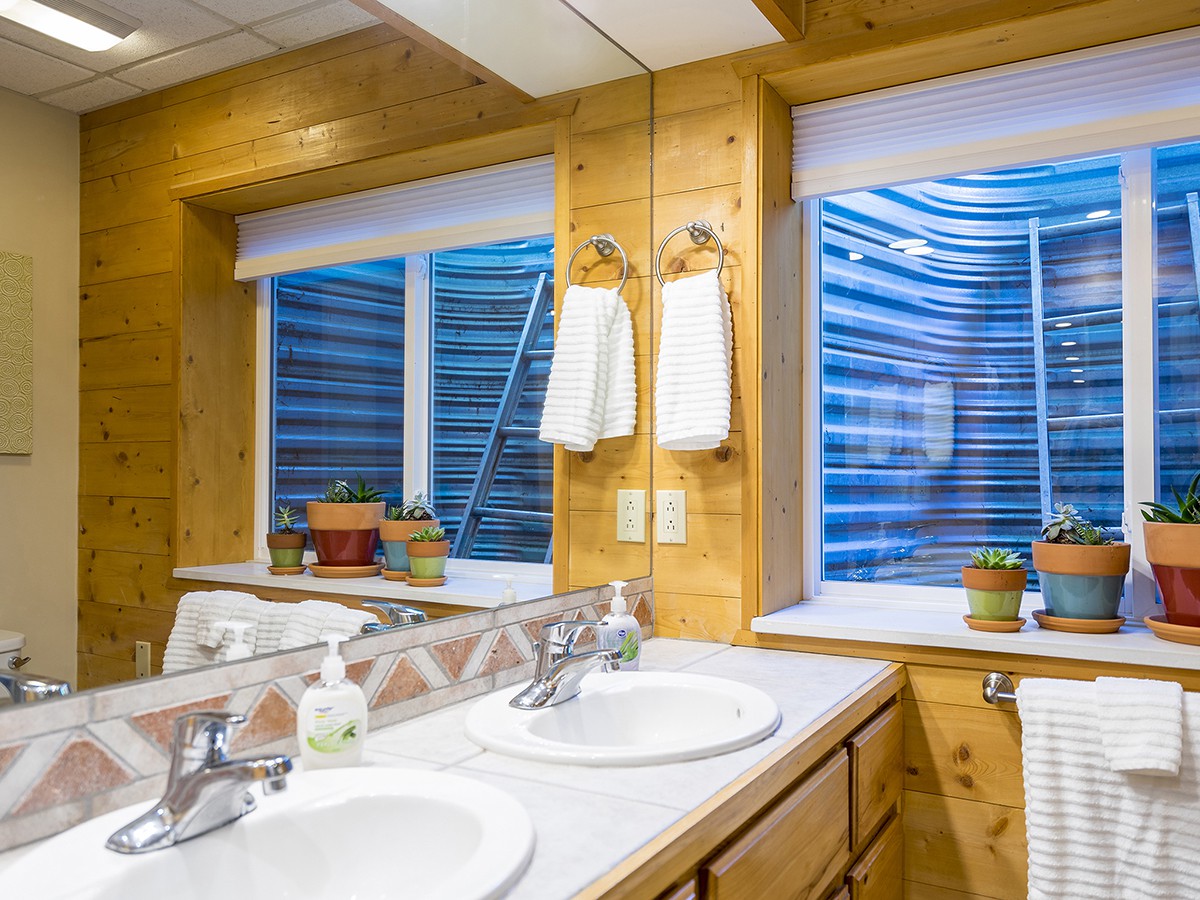 The bathroom features dual sinks positioned under a large mirror. Natural light enters through two windows adorned with blinds, illuminating the space. Potted plants decorate the window sills, enhancing the inviting atmosphere. Clean towels hang on towel bars beside the sinks.