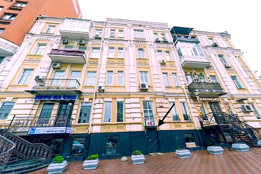 View of our house - 42, Shota Rustaveli street, front entrance from the street. The entrance door is opened with a magnetic key.