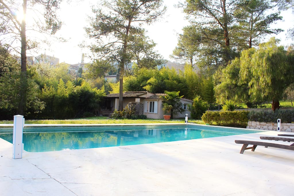 Piscine avec la maisonnette en arrière plan